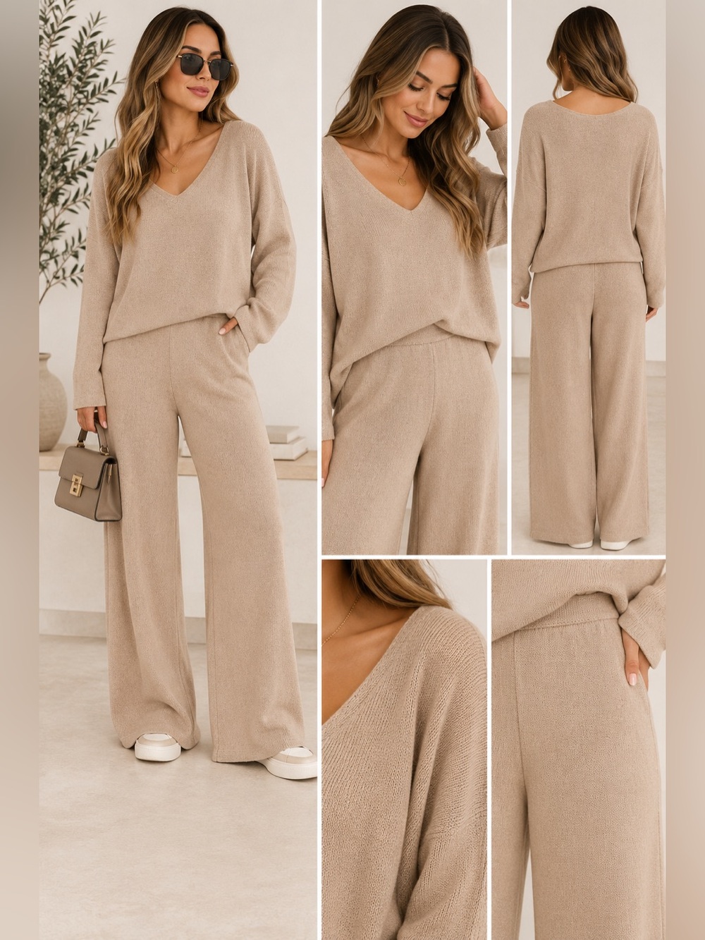 H&M Beige Knit V-Neck Sweater & Wide Leg Pants 2-Piece Set Size L